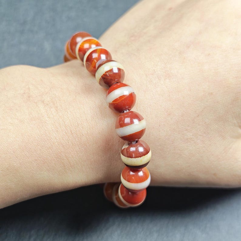 Red Medicine Buddha Dzi Wrist Mala Decades Old - Tibetan Buddhist mala beads, view 8
