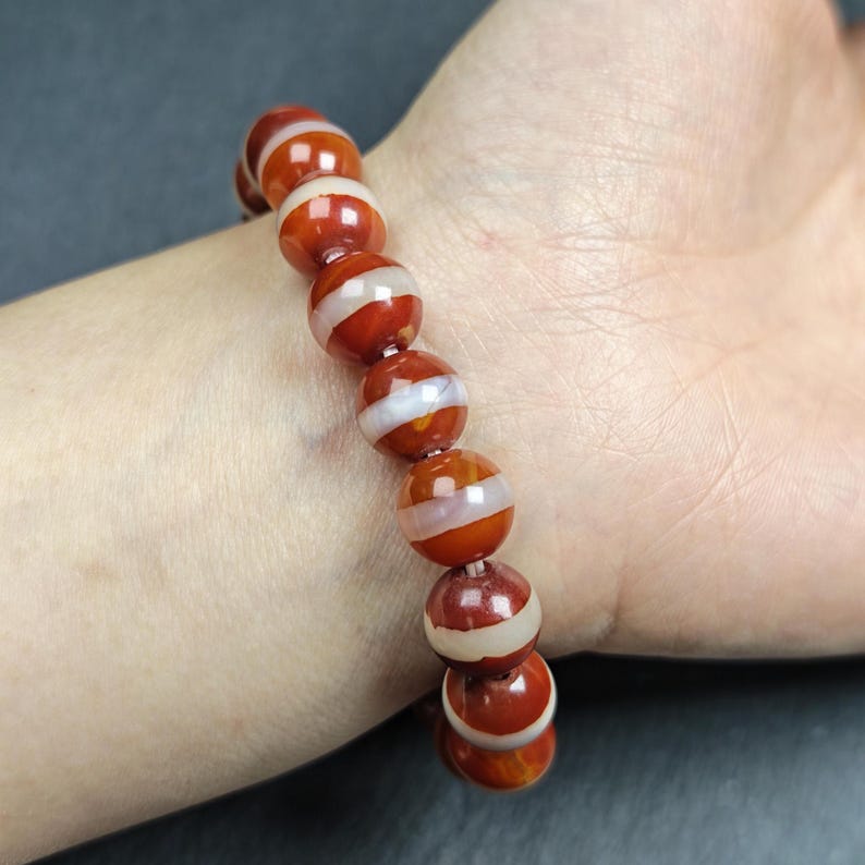Red Medicine Buddha Dzi Wrist Mala Decades Old - Tibetan Buddhist mala beads, view 9