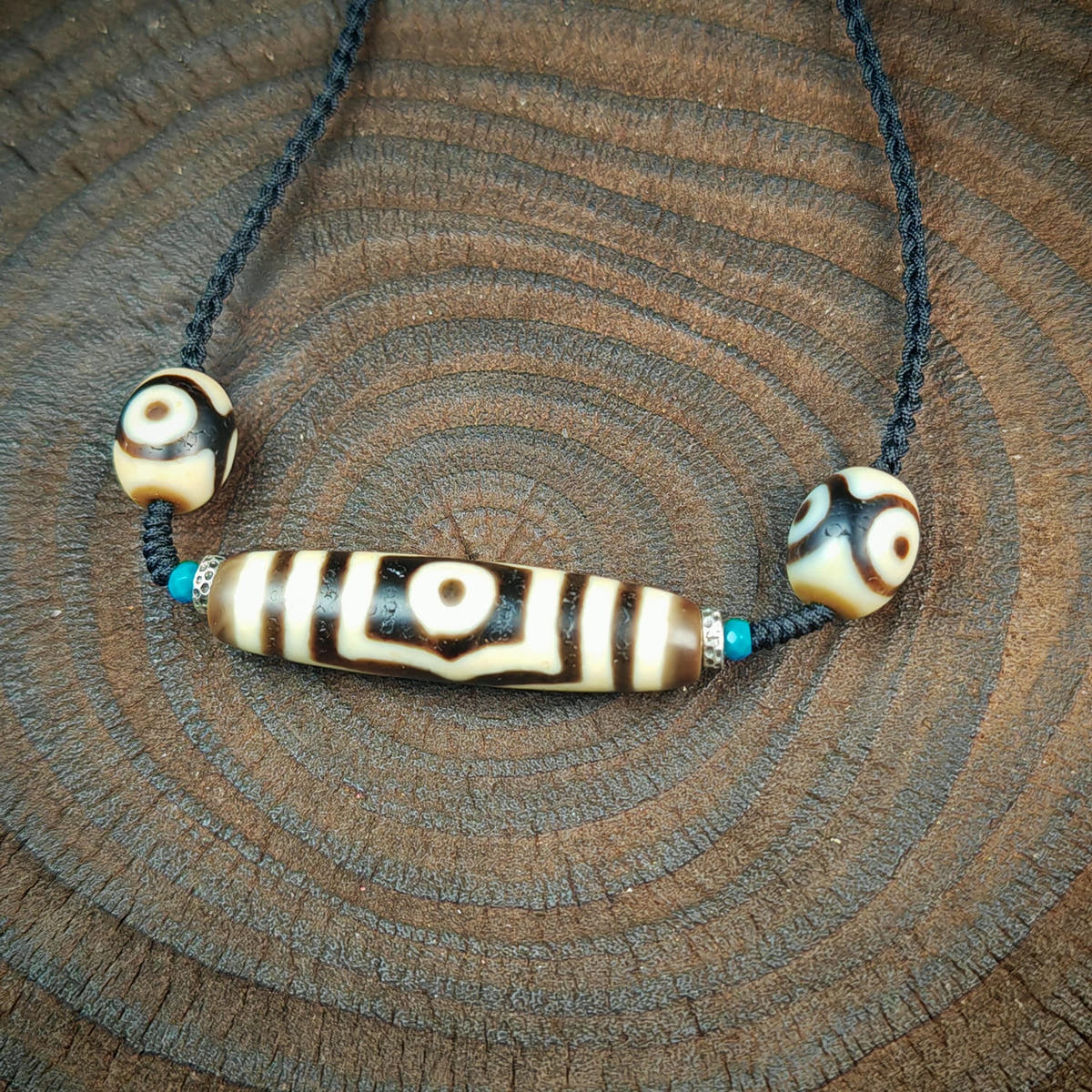 Vintage 3 Eyes Dzi Bead Necklace | Tibetan Jewelry | Protection Charm for Health, Success and Lucky | Spiritual Gift | 48*12mm