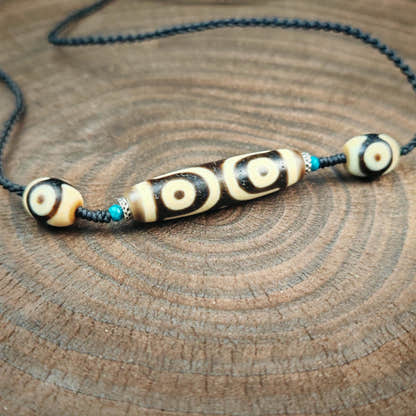Vintage 3 Eyes Dzi Bead Necklace | Tibetan Jewelry | Protection Charm for Health, Success and Lucky | Spiritual Gift | 48*12mm