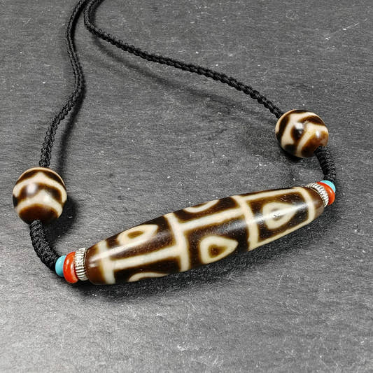 Vintage 9 Eyes Bodhi Dzi Bead Necklace - Tibetan Buddhist bead necklace, front view