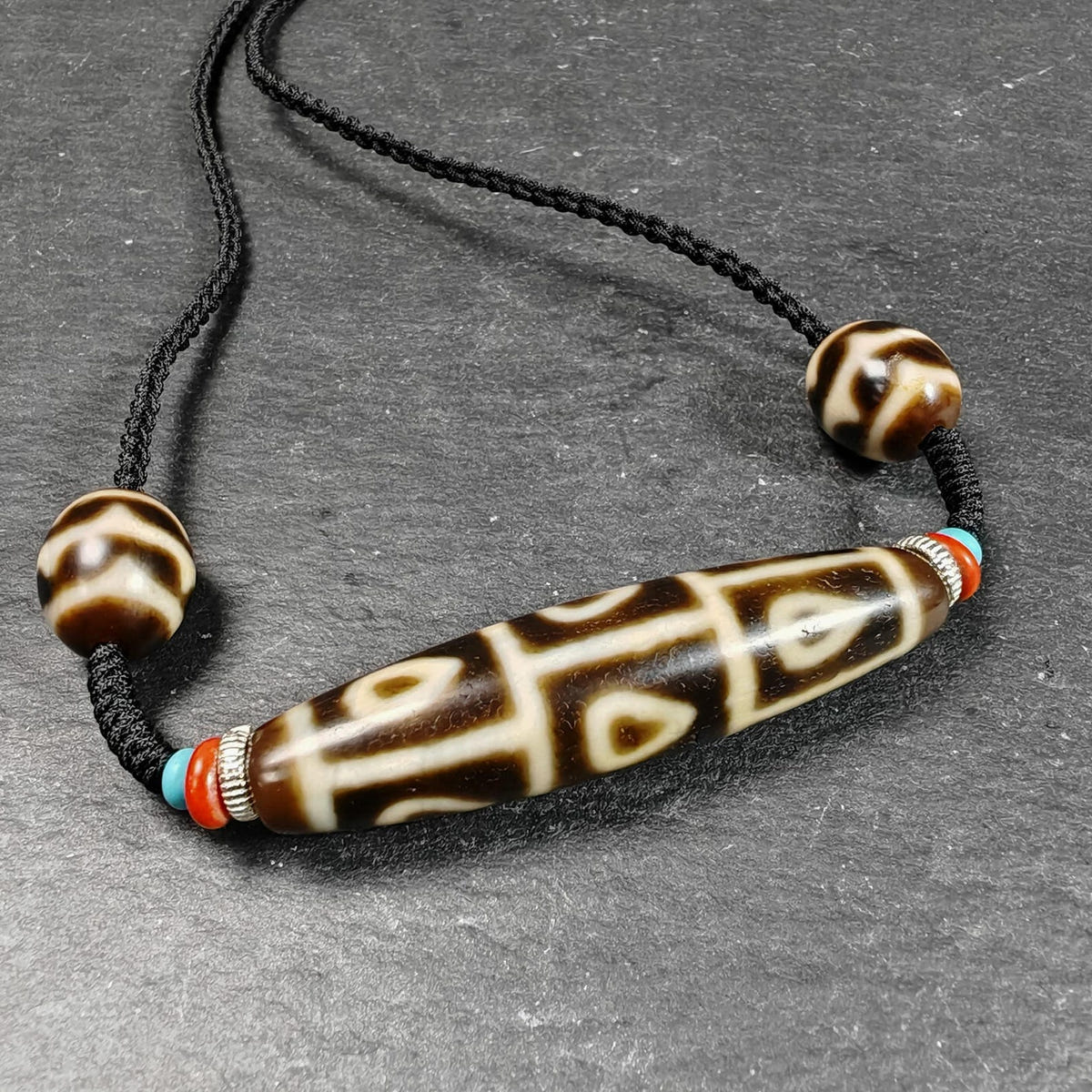 Vintage 9 Eyes Bodhi Dzi Bead Necklace - Tibetan Buddhist bead necklace, front view