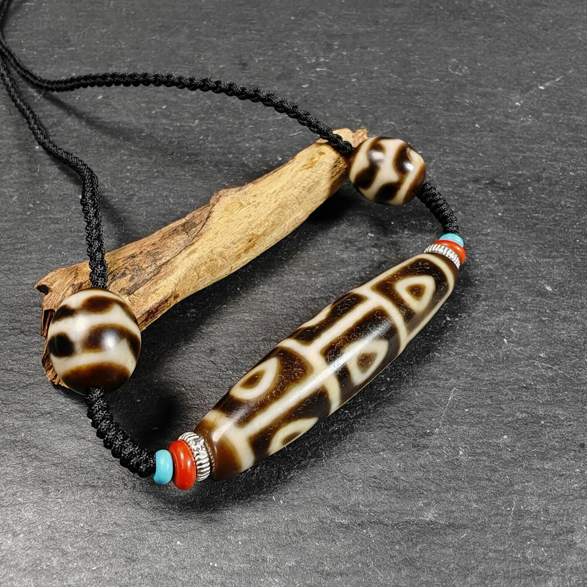 Vintage 9 Eyes Bodhi Dzi Bead Necklace - Tibetan Buddhist bead necklace, view 4