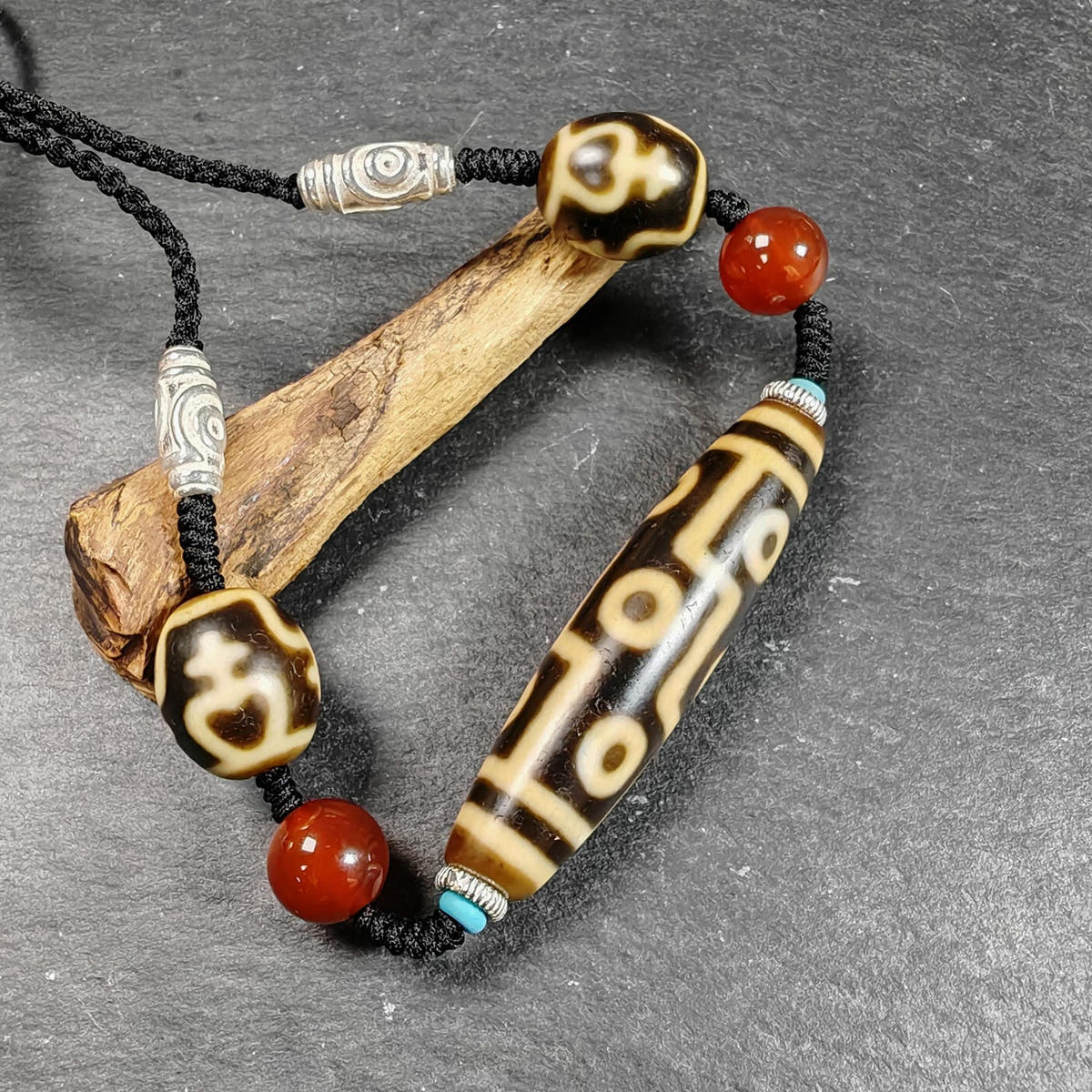 Vintage 9 Eyes Dzi Bead Necklace - Tibetan Buddhist bead necklace, view 5