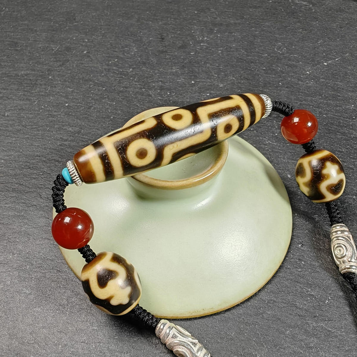 Vintage 9 Eyes Dzi Bead Necklace - Tibetan Buddhist bead necklace, view 7