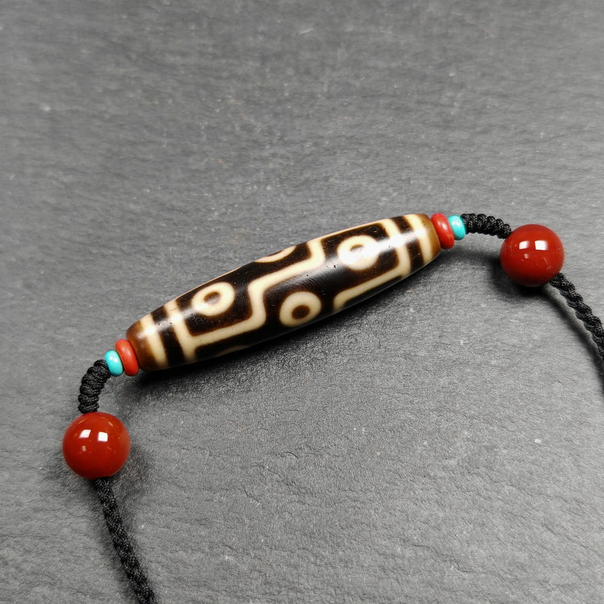 Vintage 9 Eyes Dzi Bead Necklace 53*13mm - Tibetan Buddhist bead necklace, front view
