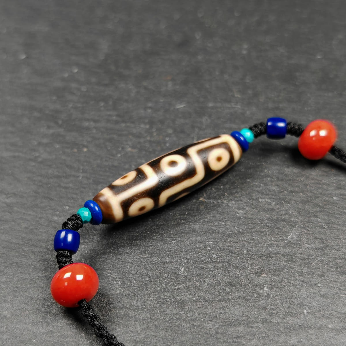 Vintage 9 Eyes Dzi Bead Necklace - Tibetan Buddhist bead necklace, detailed view