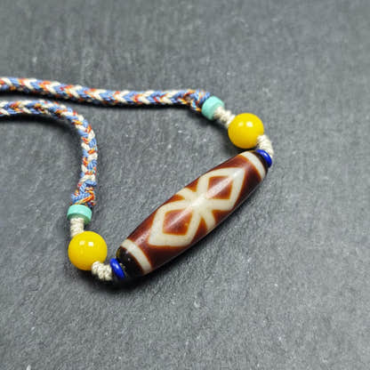 Vintage Fire Agate Dzi Necklace - Tibetan Buddhist bead necklace, front view
