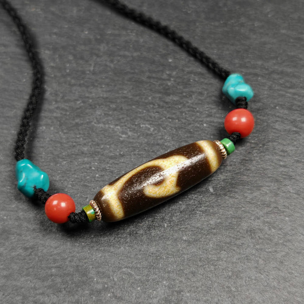 Vintage Green Tara Dzi Bead Necklace - Tibetan Buddhist bead necklace, front view