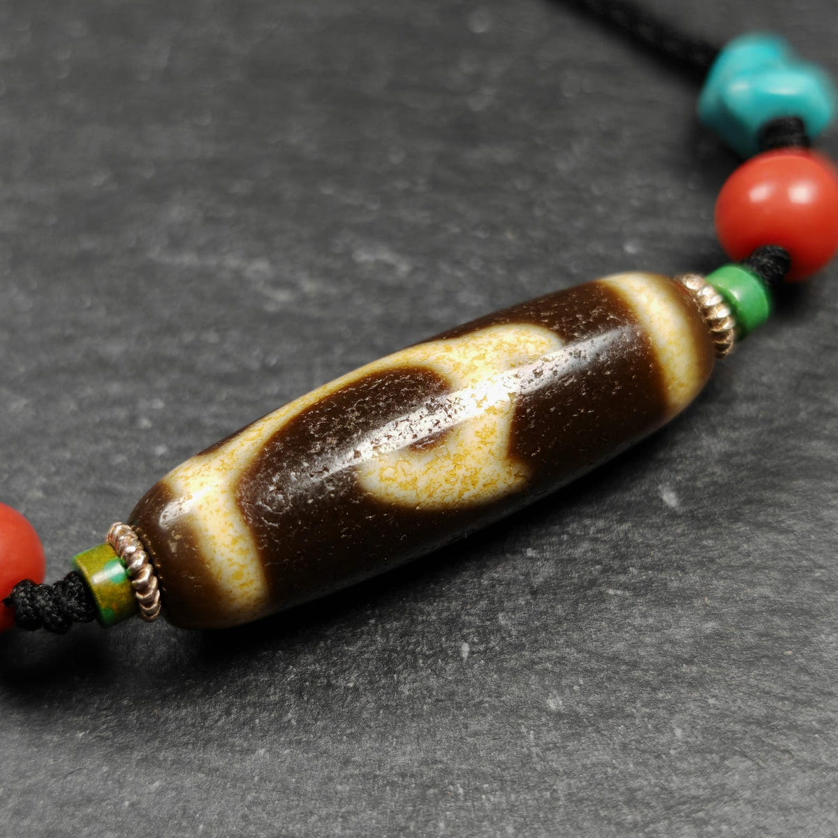 Vintage Green Tara Dzi Bead Necklace - Tibetan Buddhist bead necklace, detailed view