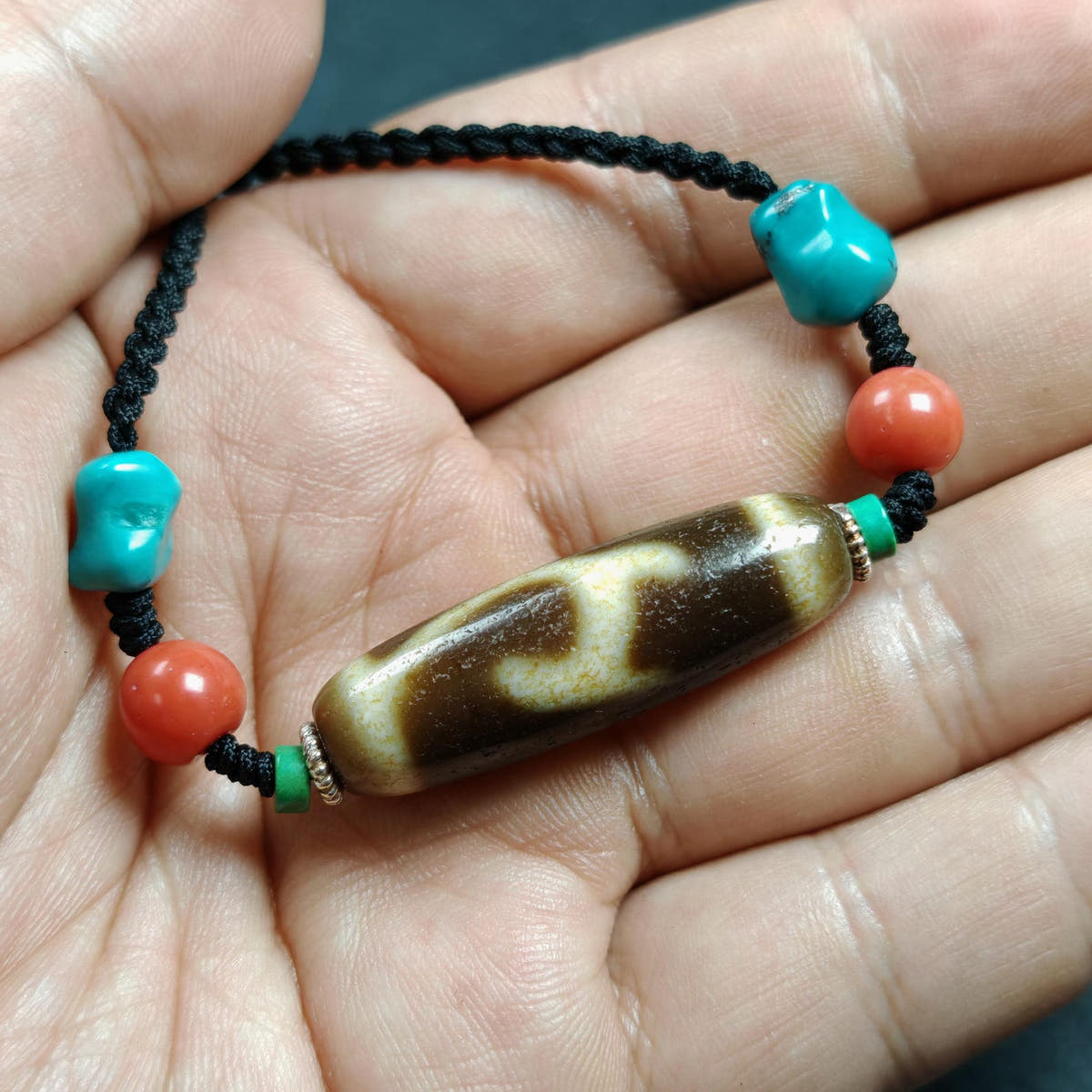 Vintage Green Tara Dzi Bead Necklace - Tibetan Buddhist bead necklace, view 4