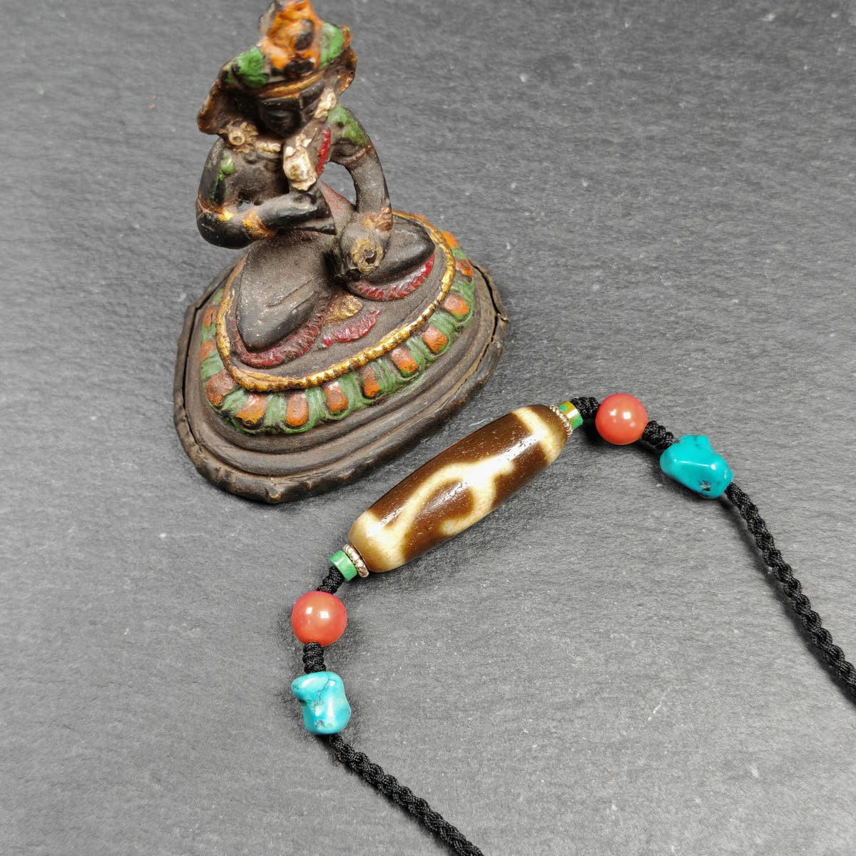 Vintage Green Tara Dzi Bead Necklace - Tibetan Buddhist bead necklace, view 5