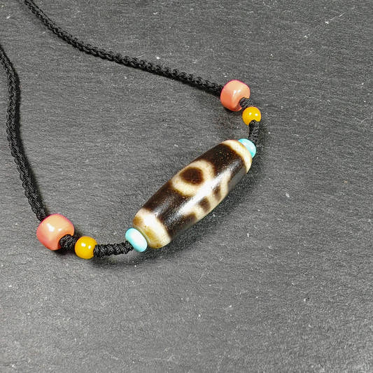 Vintage Nobleman/aristocrat Dzi Bead Necklace - Tibetan Buddhist bead necklace, front view