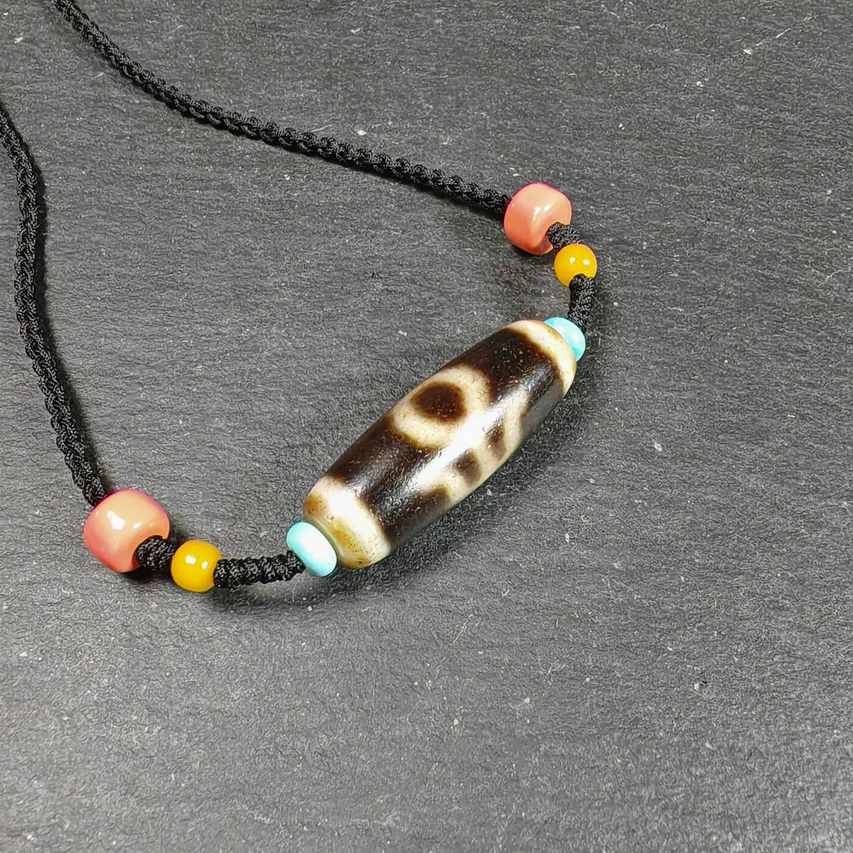 Vintage Nobleman/aristocrat Dzi Bead Necklace - Tibetan Buddhist bead necklace, front view