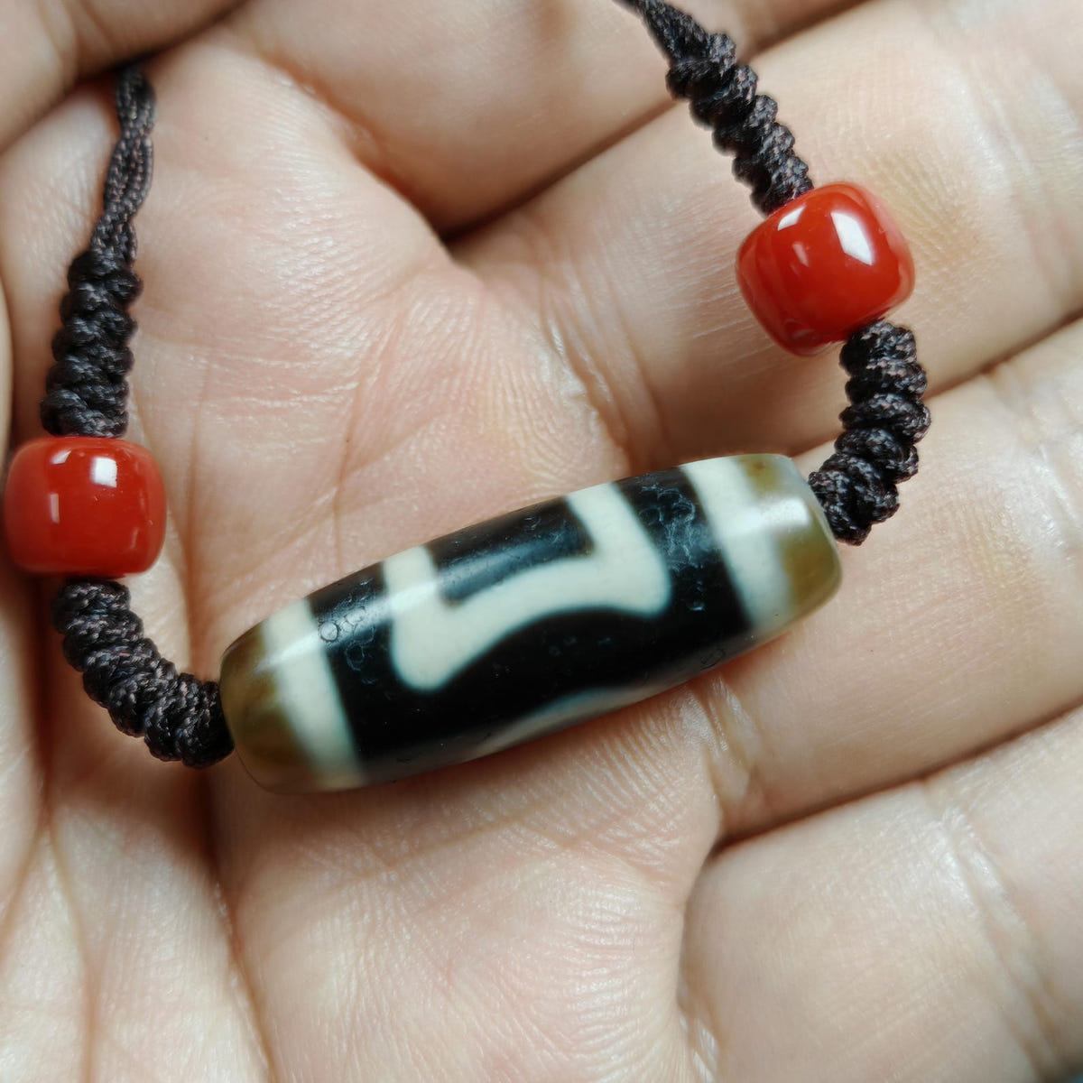 Vintage Sky Earth Dzi Bead Necklace - Tibetan Buddhist bead necklace, view 6
