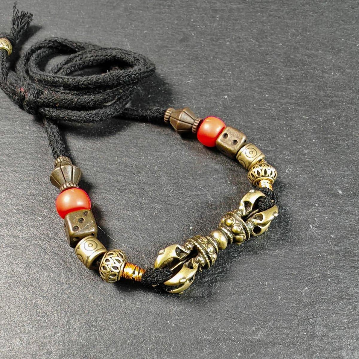 Vintage Tibetan Vajra Amulet Necklace, Brass Copper 5-Pronged Dorje Pendant, Bud - Tibetan Buddhist bead necklace, front view