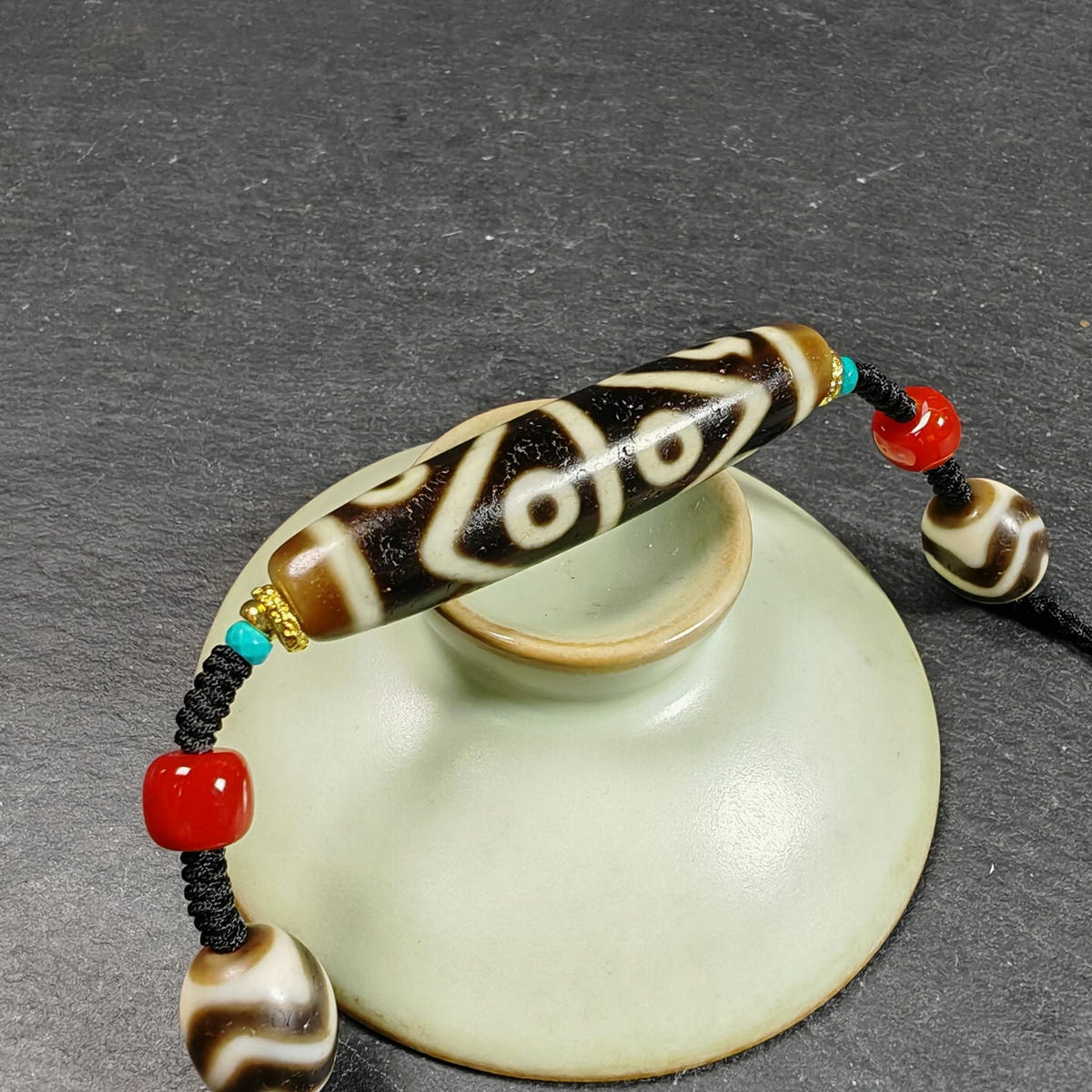 Vintage Wave 8 Eyes Dzi Bead Necklace - Tibetan Buddhist bead necklace, close-up detail