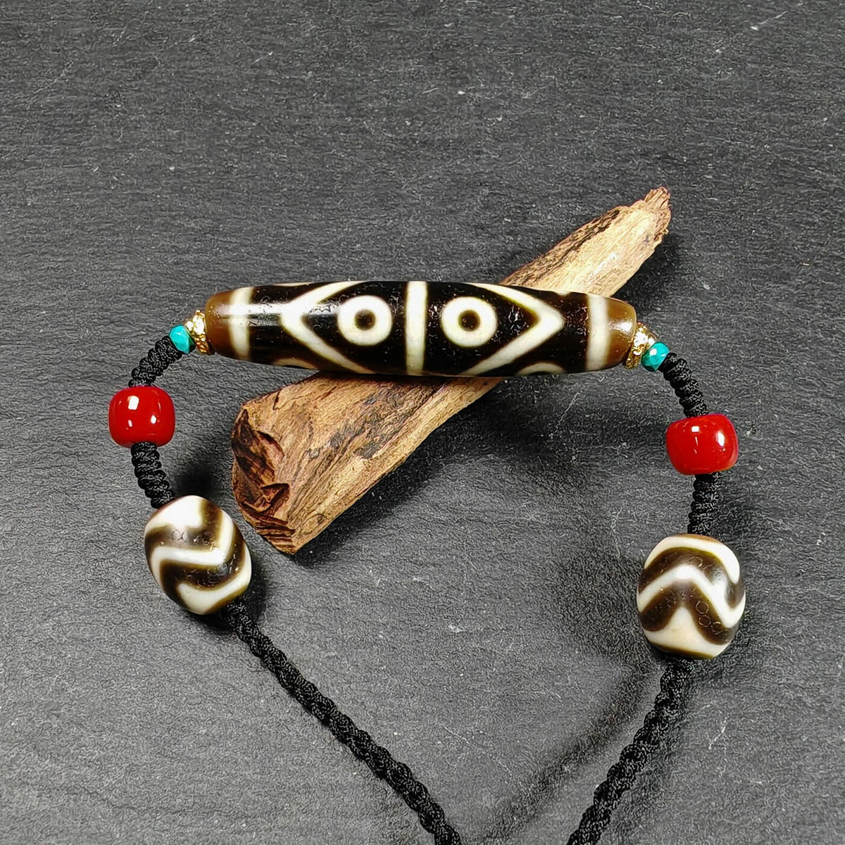 Vintage Wave 8 Eyes Dzi Bead Necklace - Tibetan Buddhist bead necklace, view 6