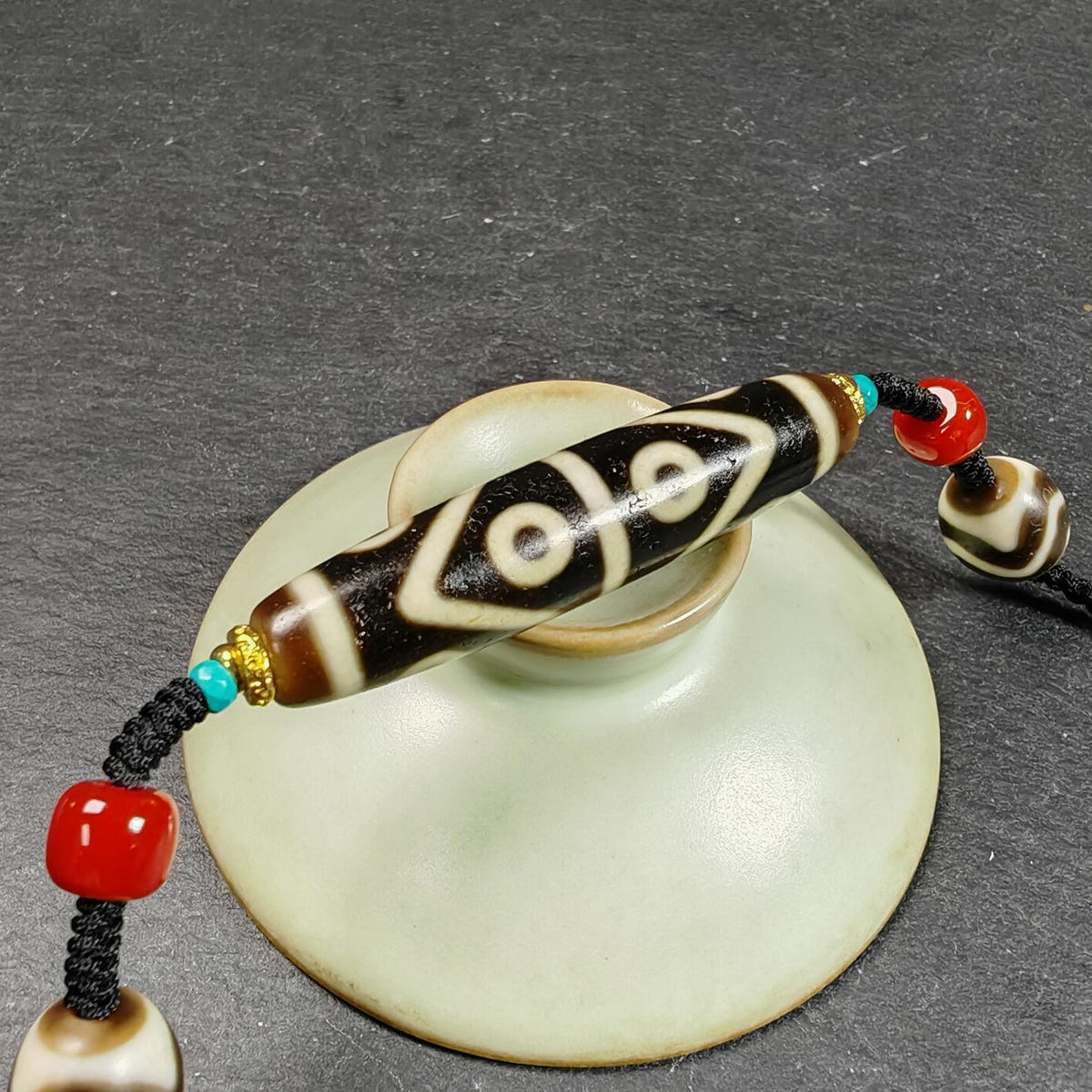 Vintage Wave 8 Eyes Dzi Bead Necklace - Tibetan Buddhist bead necklace, view 7