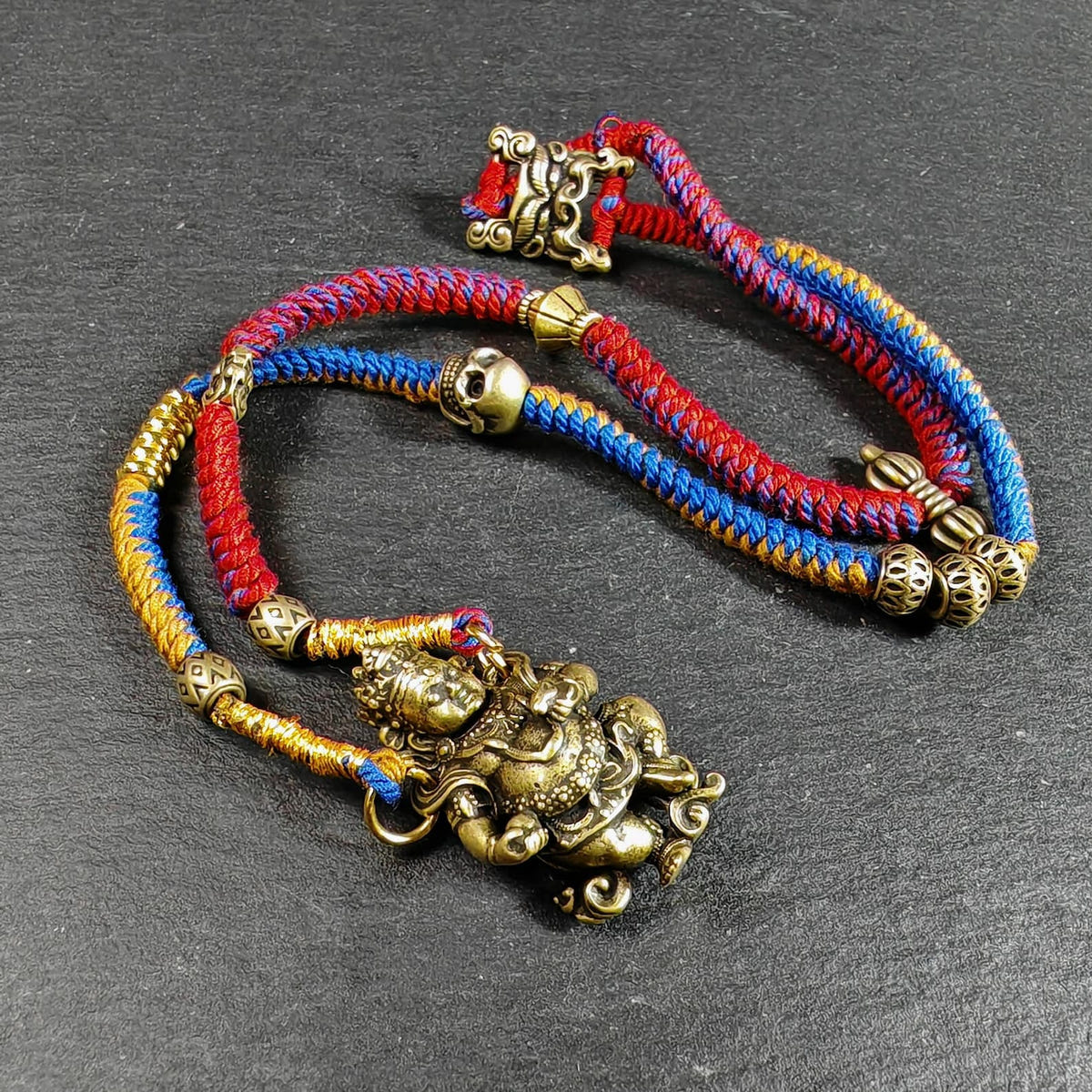 Yellow Jambhala Wealth Deity Amulet, Hand Woven Five-Color Cord - Tibetan Buddhist amulet, view 6