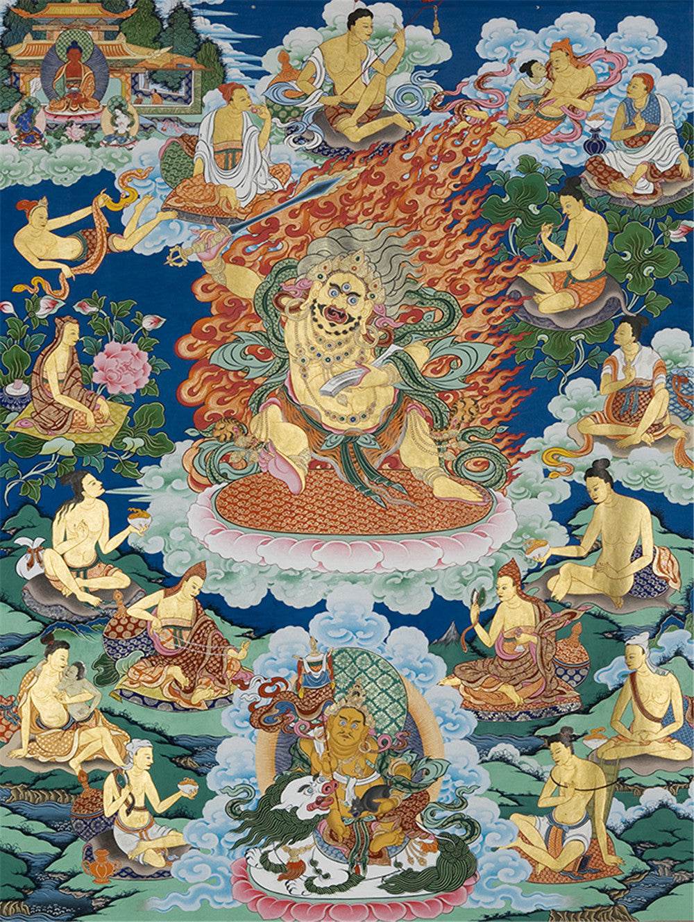 Black Manjusri - Tibetan thangka painting, front view
