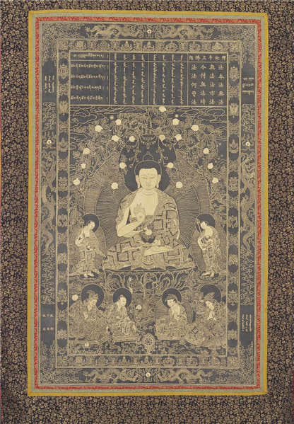 Shakyamunia Buddha Image - Tibetan thangka painting, front view