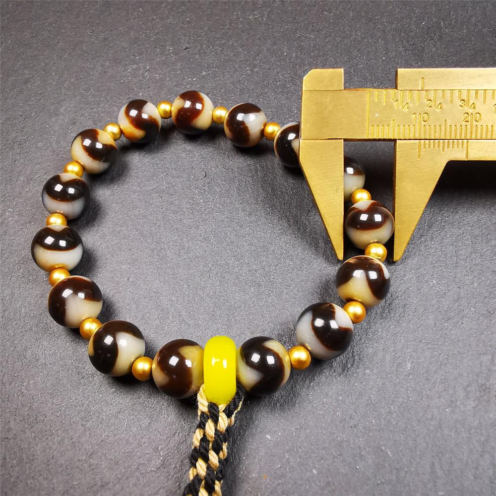 Tiger Tooth Dzi Bead Bracelet 0.4" / 8.7" - Tibetan Buddhist bead necklace, size reference