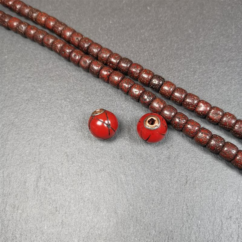 1 Pair of Tibetan Plastic Spacer Beads 0.6" - Tibetan Buddhist art, detailed view