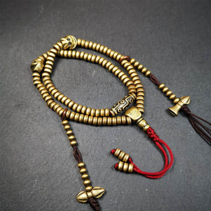 0.2" Lima Brass Mala,15" - Tibetan Buddhist mala beads, front view