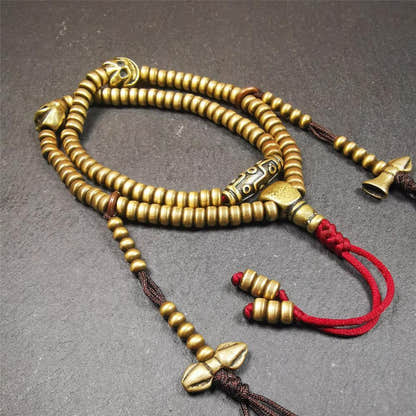 0.2" Lima Brass Mala,15" - Tibetan Buddhist mala beads, view 4