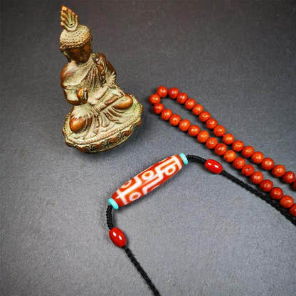 Fire Agate 9 Eyes Dzi Bead Necklace - Tibetan Buddhist bead necklace, front view