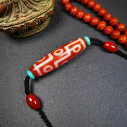 Fire Agate 9 Eyes Dzi Bead Necklace - Tibetan Buddhist bead necklace, detailed view