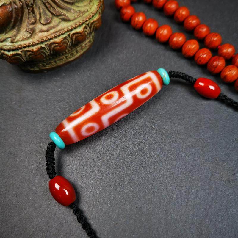 Fire Agate 9 Eyes Dzi Bead Necklace - Tibetan Buddhist bead necklace, detailed view