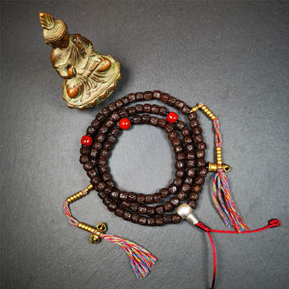 Old Rudraksha Mala 0.32" - Tibetan Buddhist mala beads, detailed view