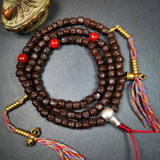 Old Rudraksha Mala 0.32" - Tibetan Buddhist mala beads, front view