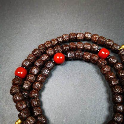 Old Rudraksha Mala 0.32" - Tibetan Buddhist mala beads, close-up detail
