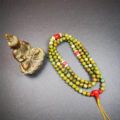 Old 0.27" Turquoise Mala,32" - Tibetan Buddhist mala beads, close-up detail