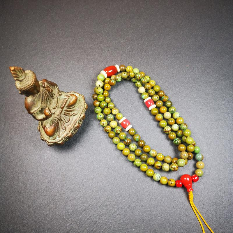 Old 0.27" Turquoise Mala,32" - Tibetan Buddhist mala beads, close-up detail
