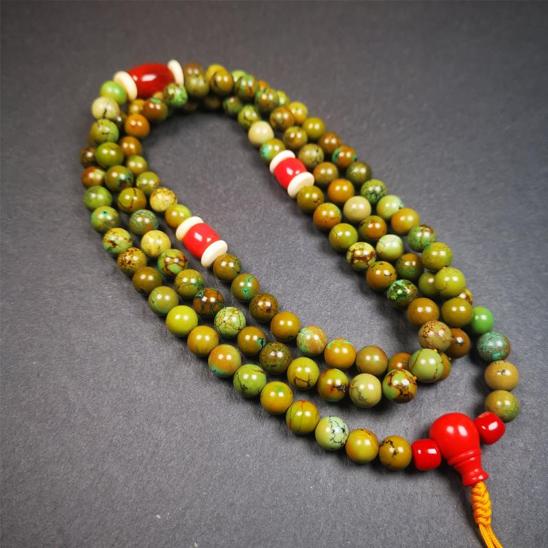 Old 0.27" Turquoise Mala,32" - Tibetan Buddhist mala beads, front view