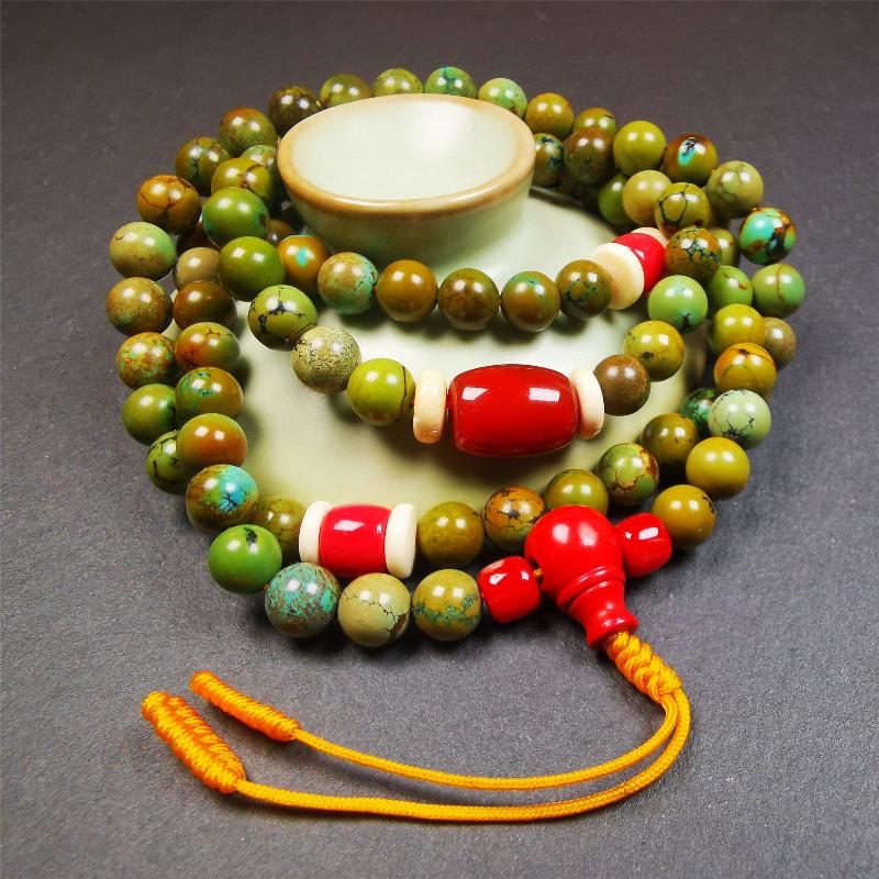 Old 0.27" Turquoise Mala,32" - Tibetan Buddhist mala beads, detailed view