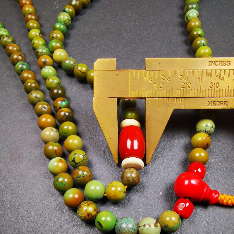 Old 0.27" Turquoise Mala,32" - Tibetan Buddhist mala beads, size reference