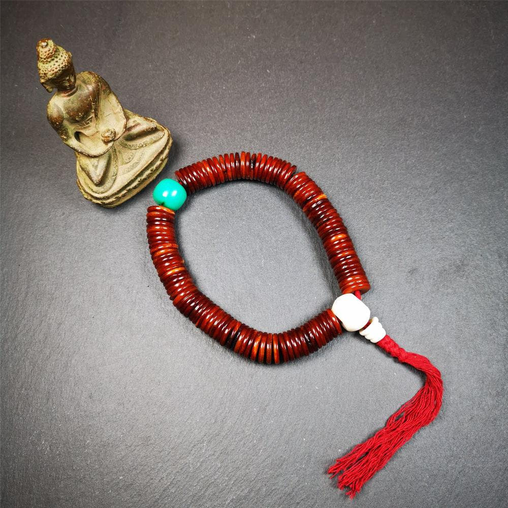 Flat Yak Bone Mala,0.55" - Tibetan Buddhist mala beads, close-up detail