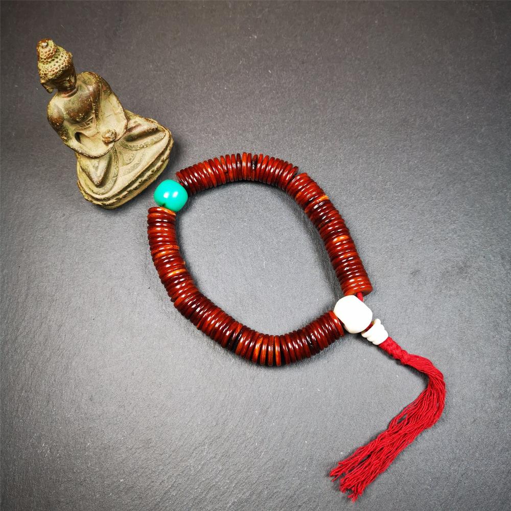 Flat Yak Bone Mala,0.55" - Tibetan Buddhist mala beads, close-up detail
