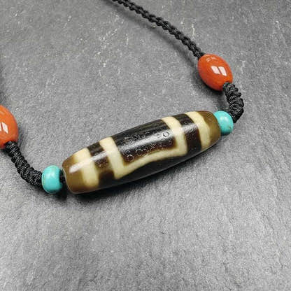 Sky & Earth Dzi Bead Necklace,1.5" - Tibetan Buddhist bead necklace, close-up detail