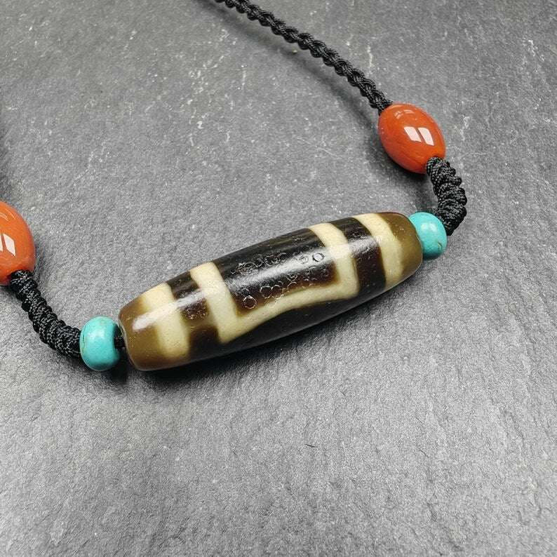 Sky & Earth Dzi Bead Necklace,1.5" - Tibetan Buddhist bead necklace, close-up detail
