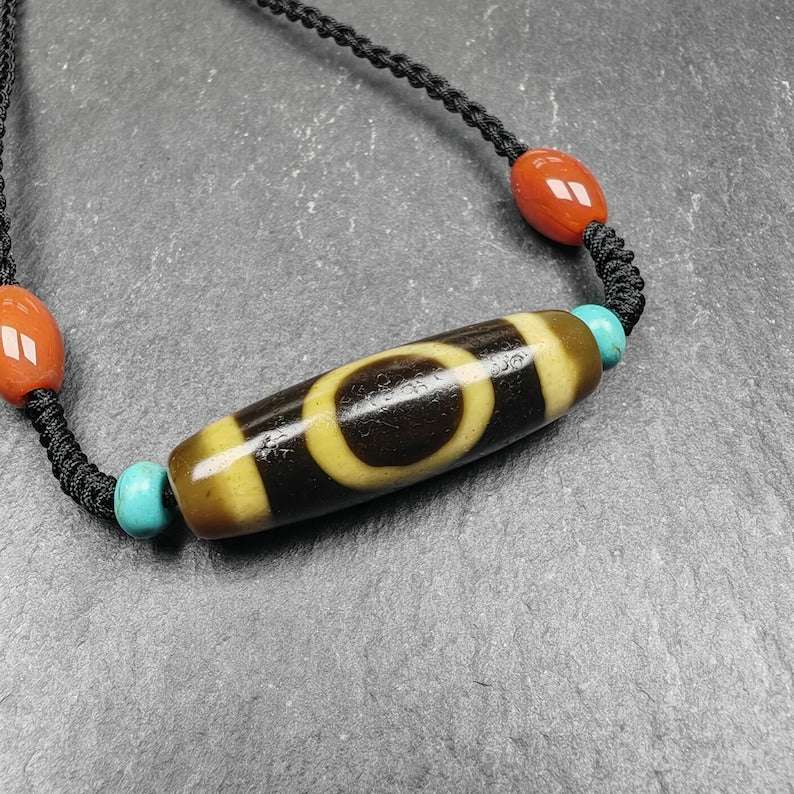 Sky & Earth Dzi Bead Necklace,1.5" - Tibetan Buddhist bead necklace, front view