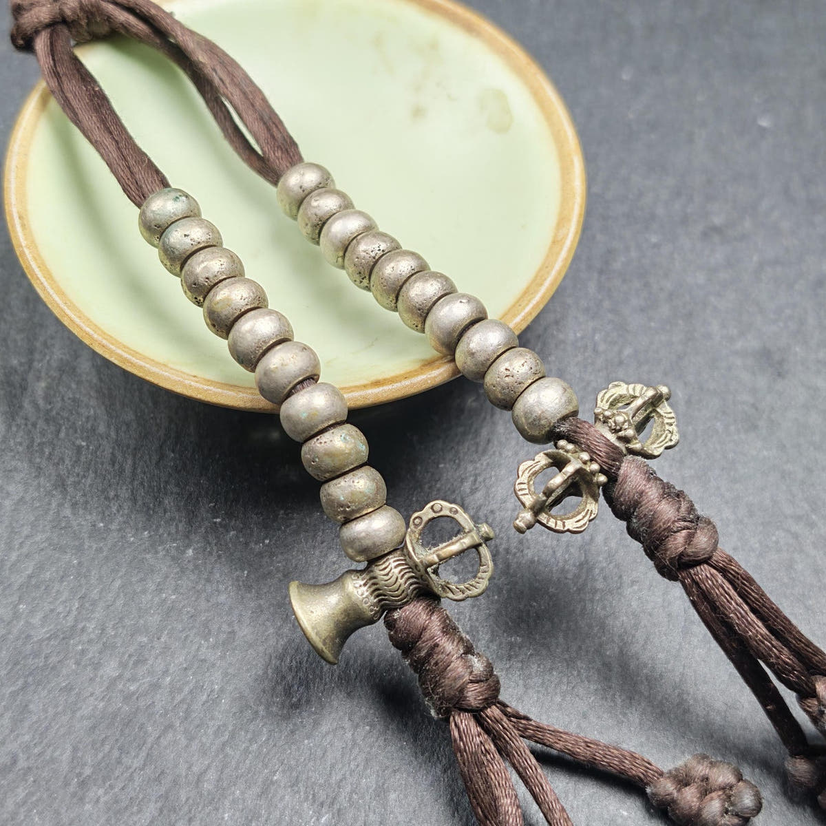 Tibetan Mala Counters Sterling Silver - Tibetan Buddhist mala beads, detailed view