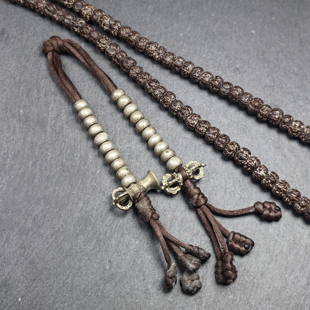 Tibetan Mala Counters Sterling Silver - Tibetan Buddhist mala beads, close-up detail