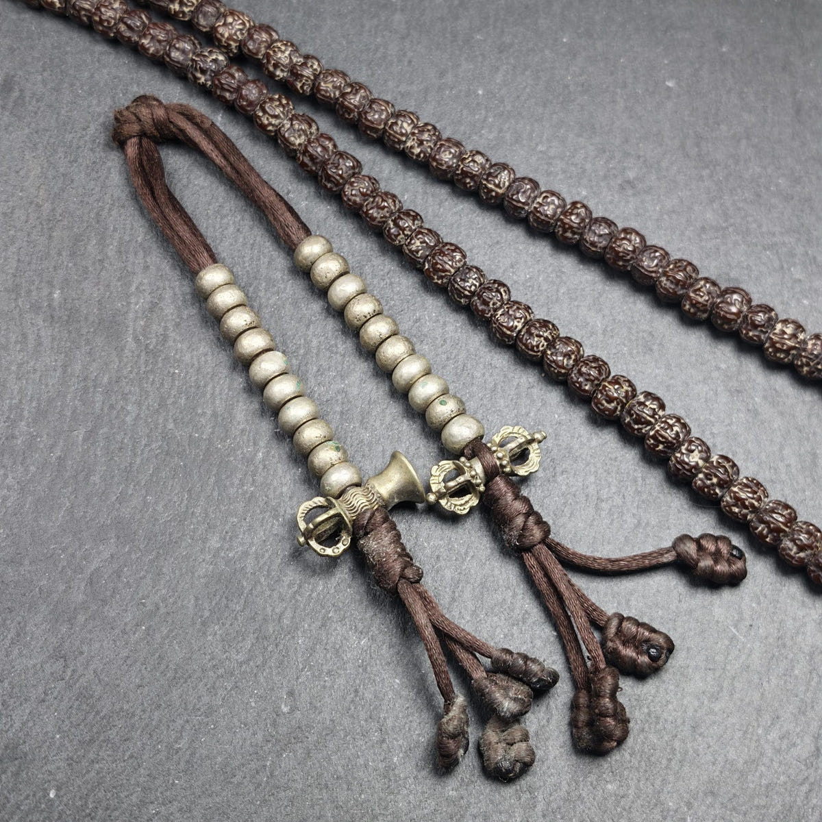 Tibetan Mala Counters Sterling Silver - Tibetan Buddhist mala beads, close-up detail