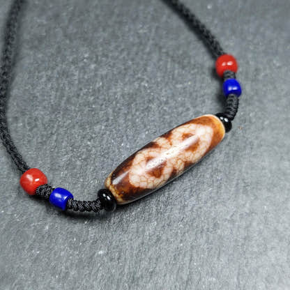Vintage Fire Agate Vajra Dzi Necklace - Tibetan Buddhist bead necklace, detailed view